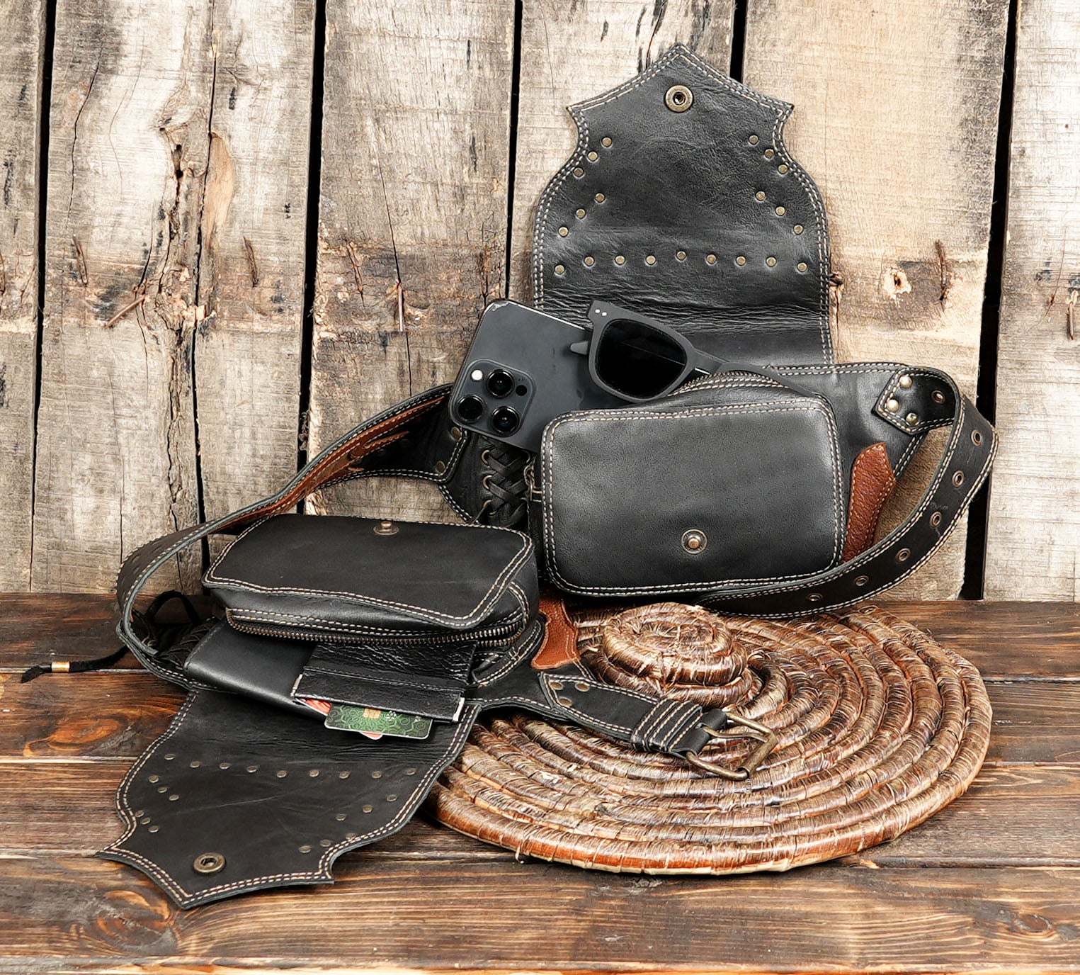 Two-pocket leather hip pouch for concerts and outdoor events