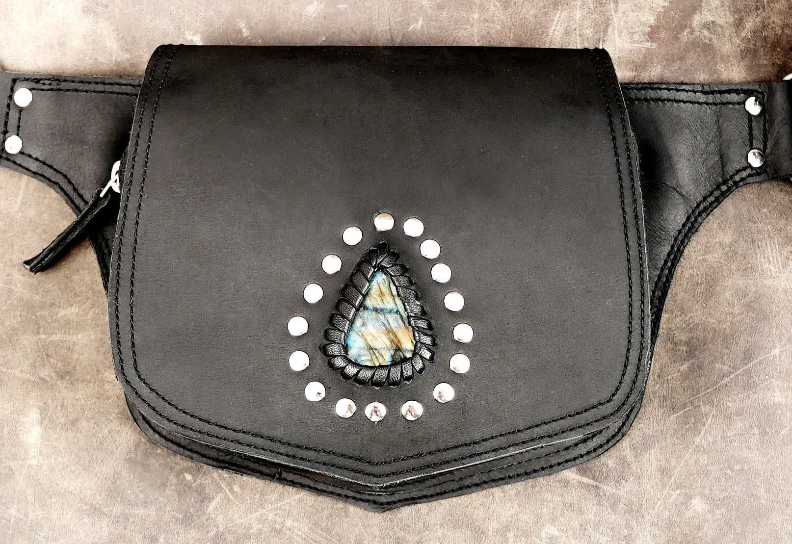 Two pocket leather waist bag with nickel silver hardware