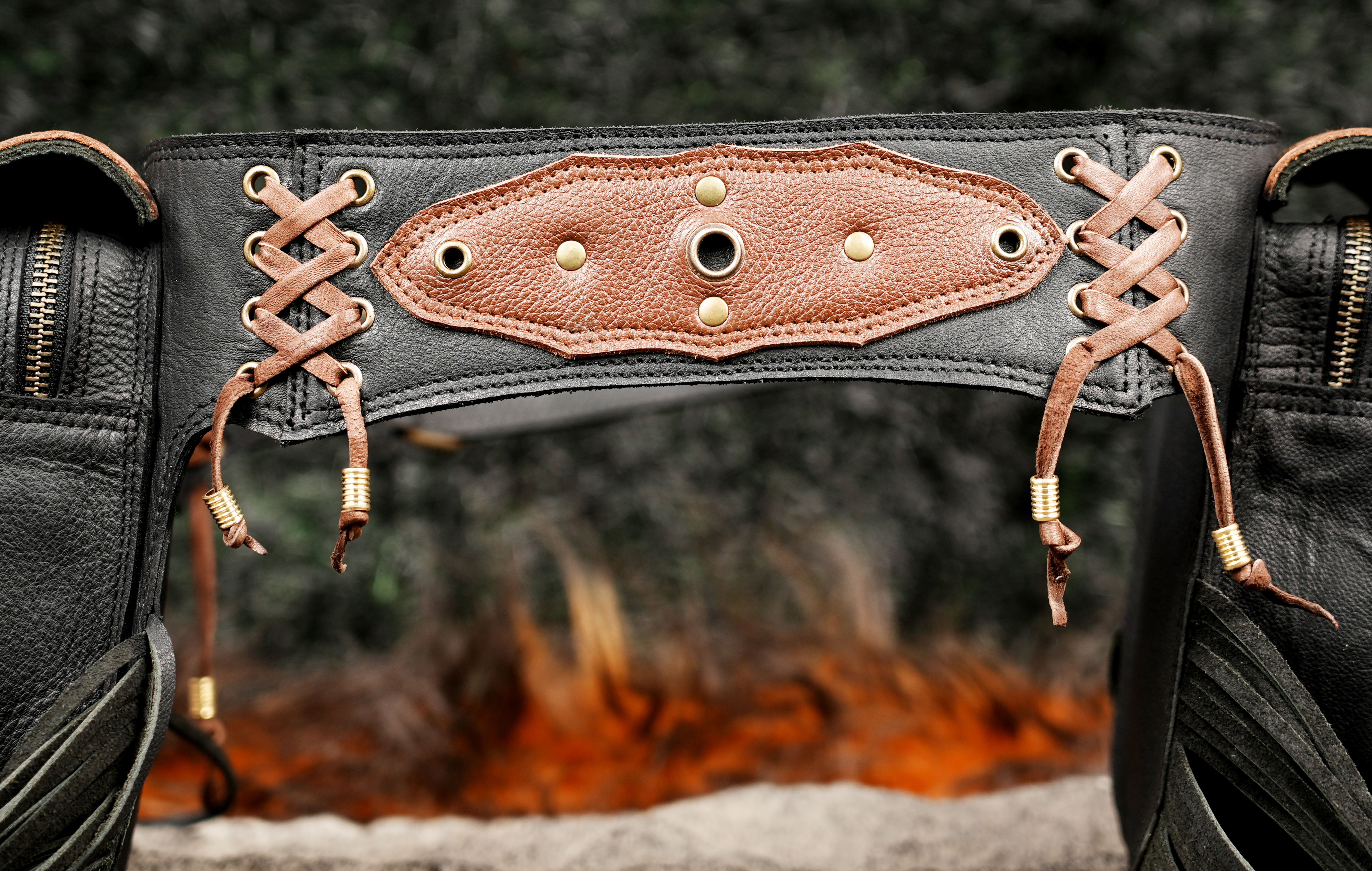 Two tone leather belt with gemstone pockets and fringe trim