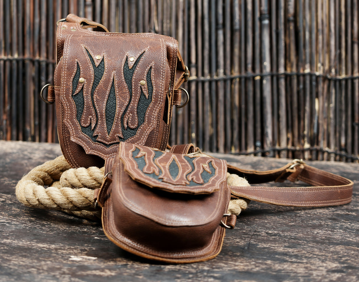 Brown steampunk double pouch harness with antique brass buckles and detailed stitching