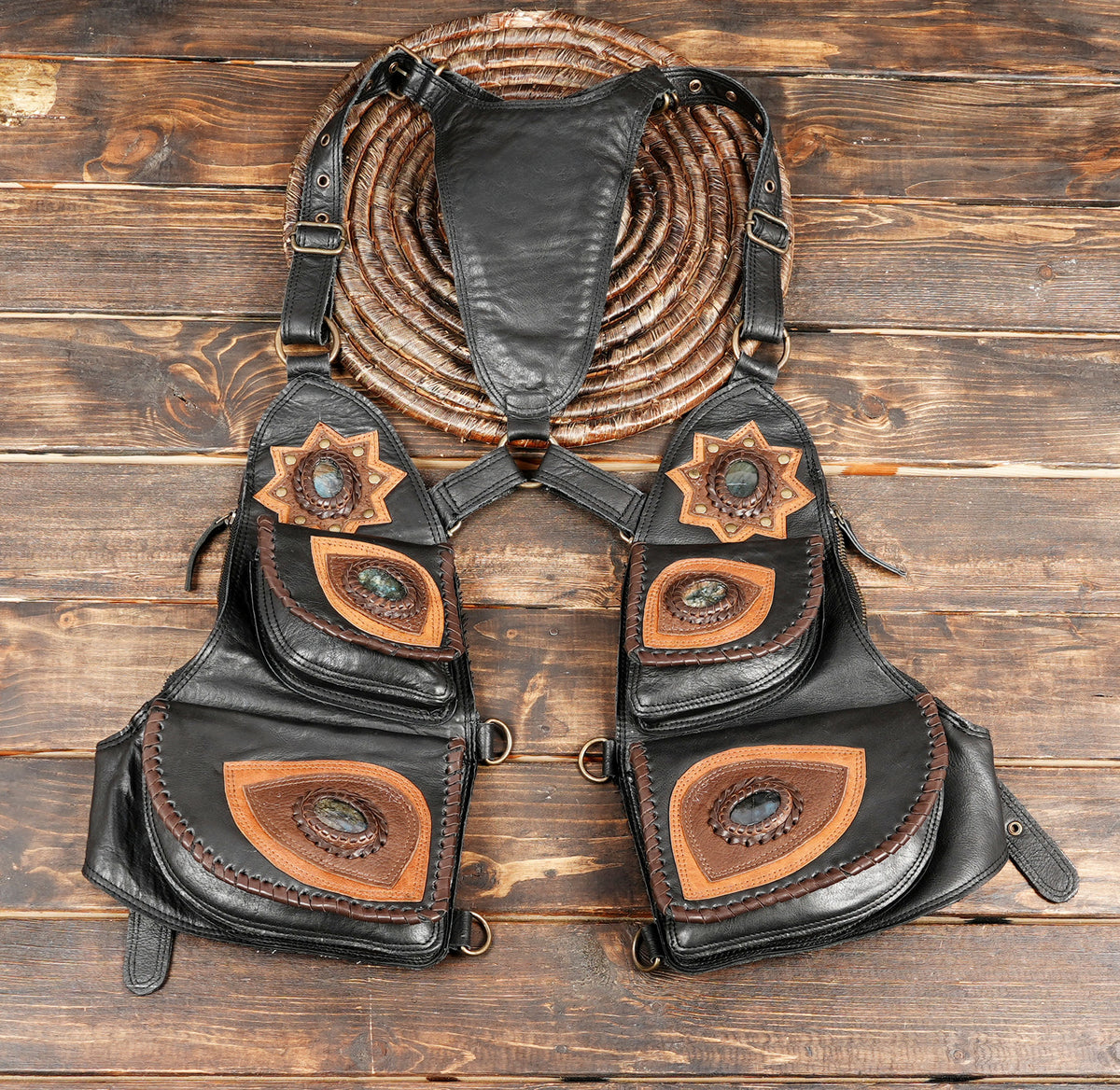 Boho leather harness bag with brown leather panels and stone embellishments