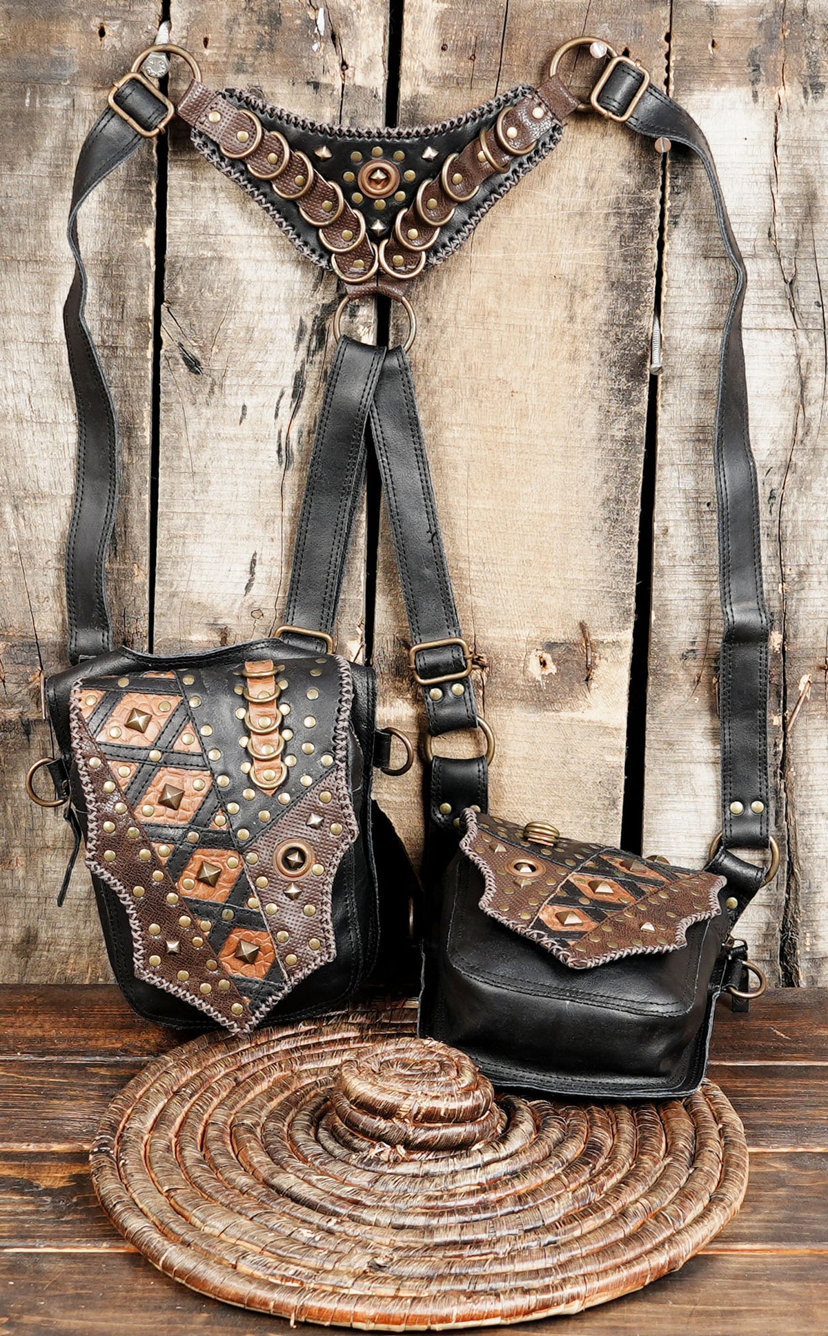 Unisex Black Double Pouch Harness Bag with Antique Brass Studs