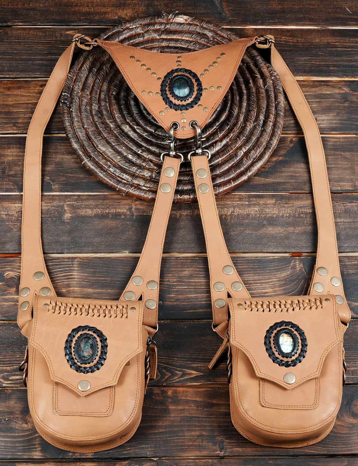 Tan Leather Double Hip Bag Harness with Natural Labradorite Stones