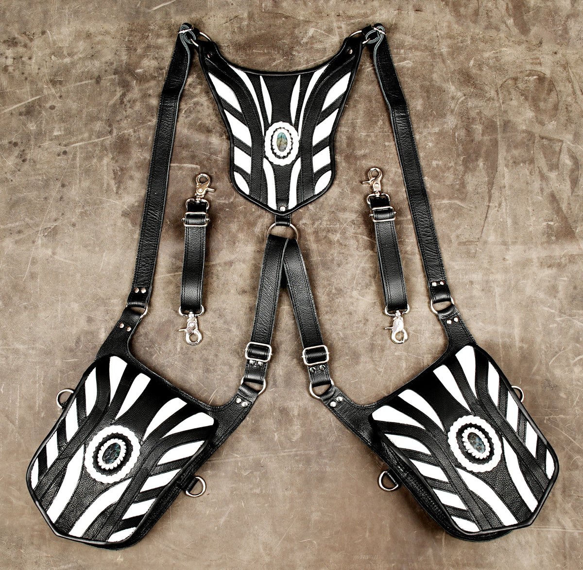 Unisex black and white leather shoulder holster bag with two pouches