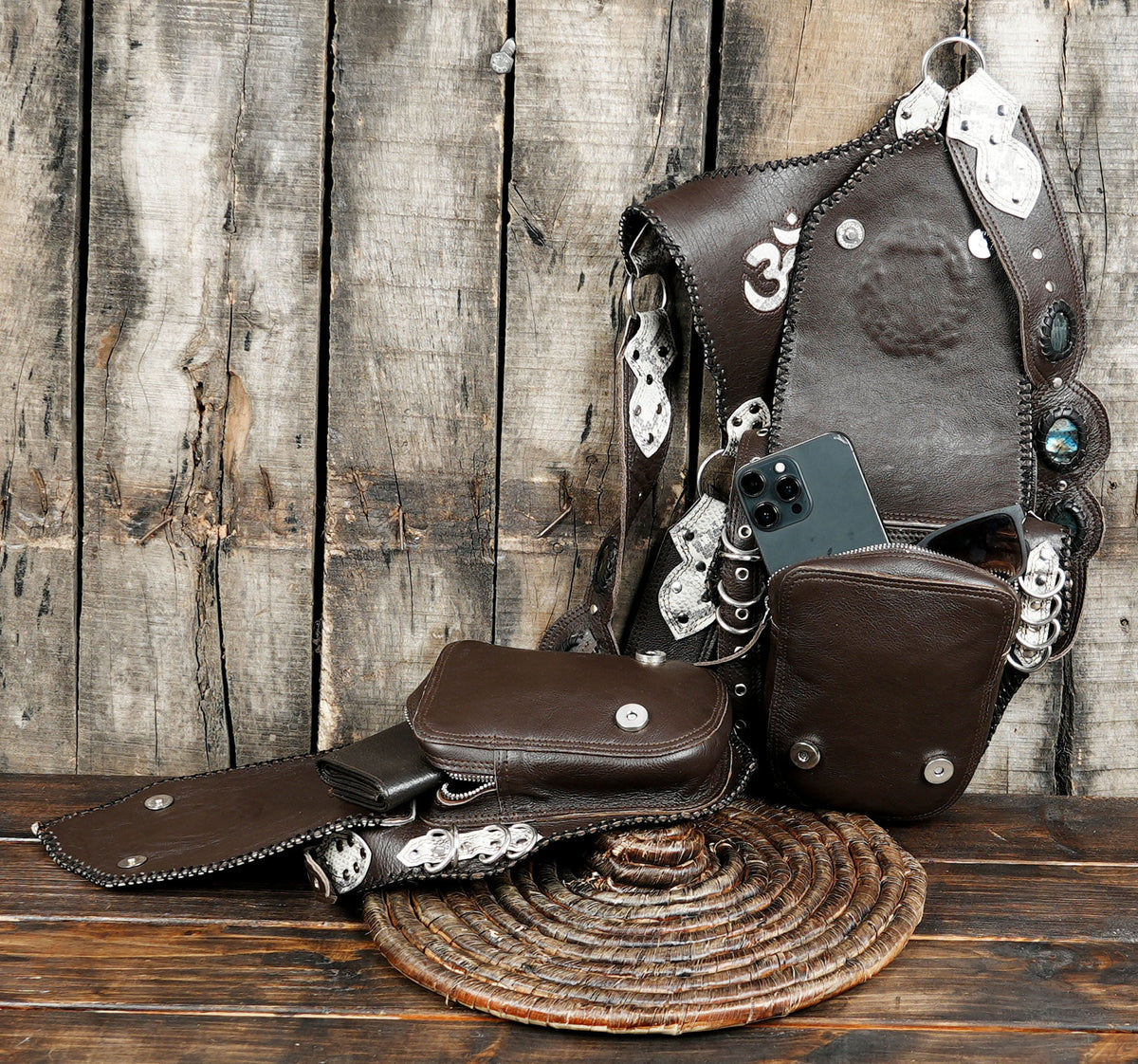Unisex festival harness bag featuring nickel-silver hardware