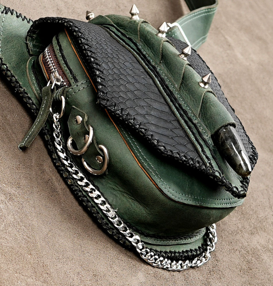 Unisex green leather utility belt bag
