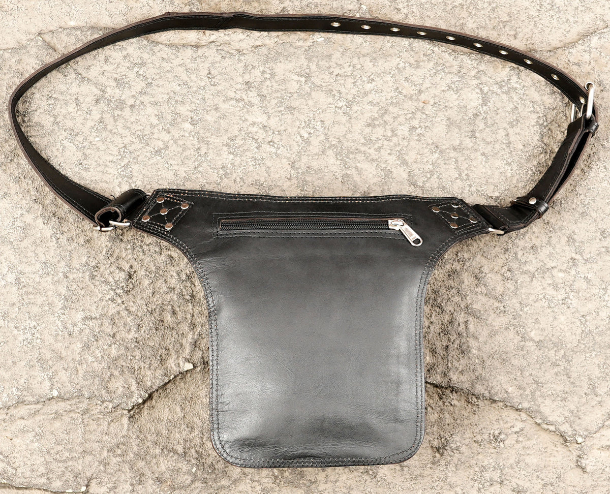 Unisex leather fanny pack with silver stud closures