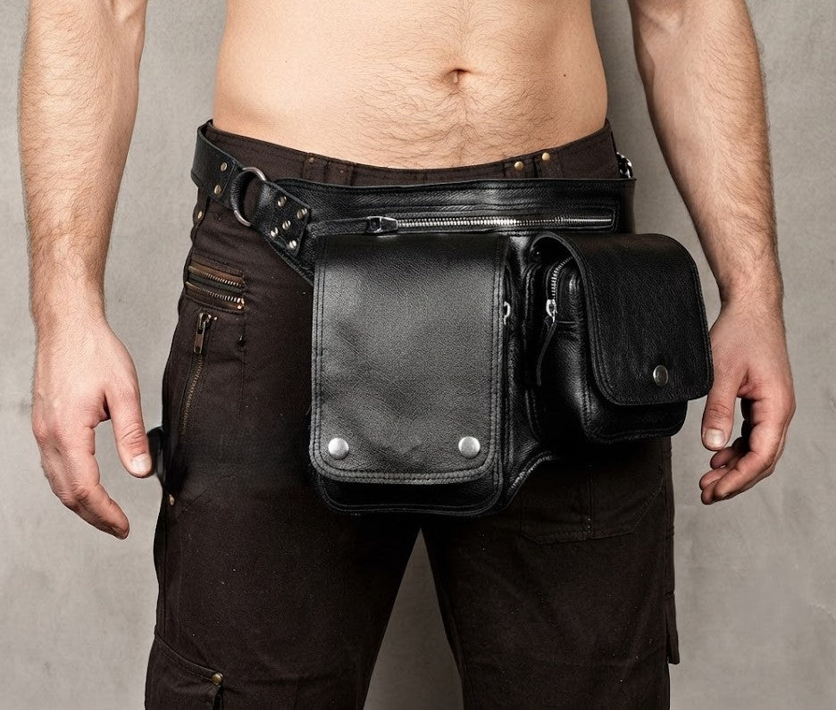 Unisex leather fanny pack with snap closures and buckle