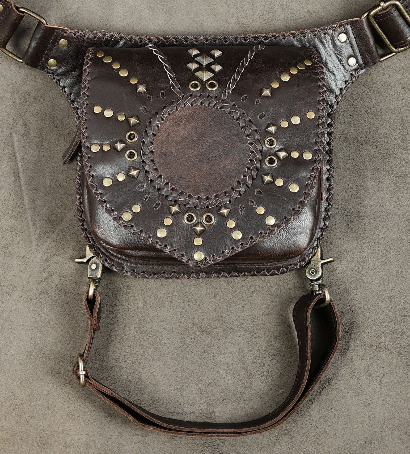 Unisex leather festival belt bag with adjustable waist and leg straps