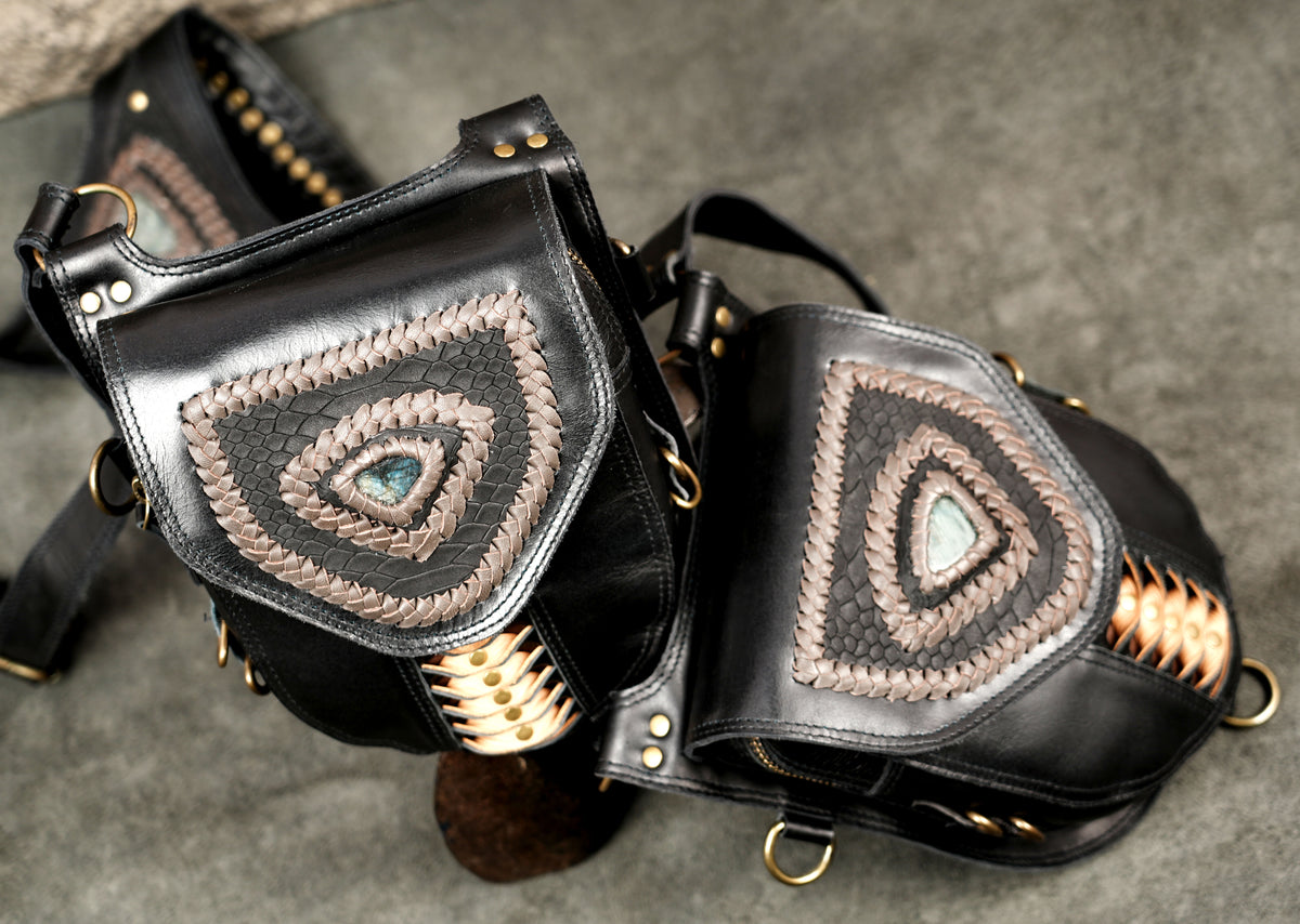 Unisex Black Leather Holster Bag with Two Utility Pouches and Brass-Tone Rings