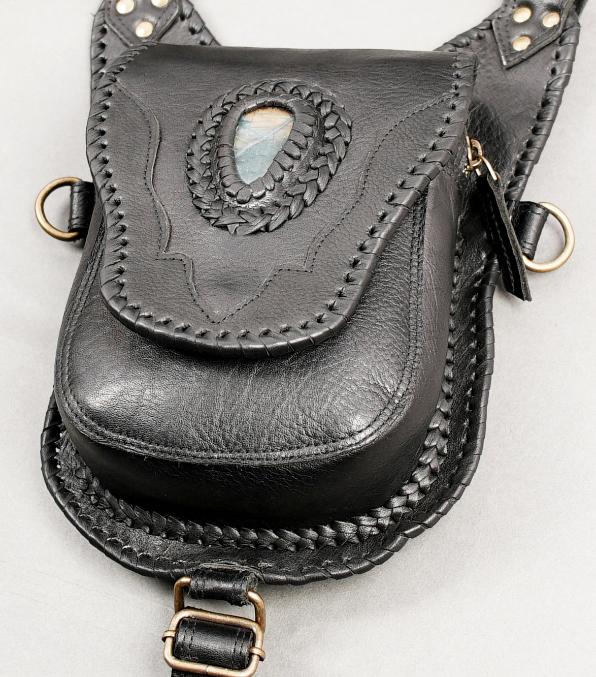 Unisex gothic leather pouch set with decorative studs and natural gemstone accents