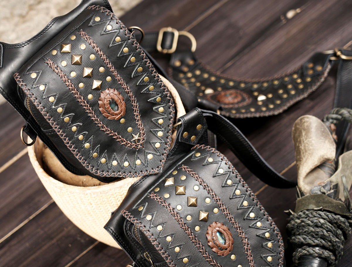 Steampunk leather hip pouch harness with brass-tone buckles and gemstone accents
 