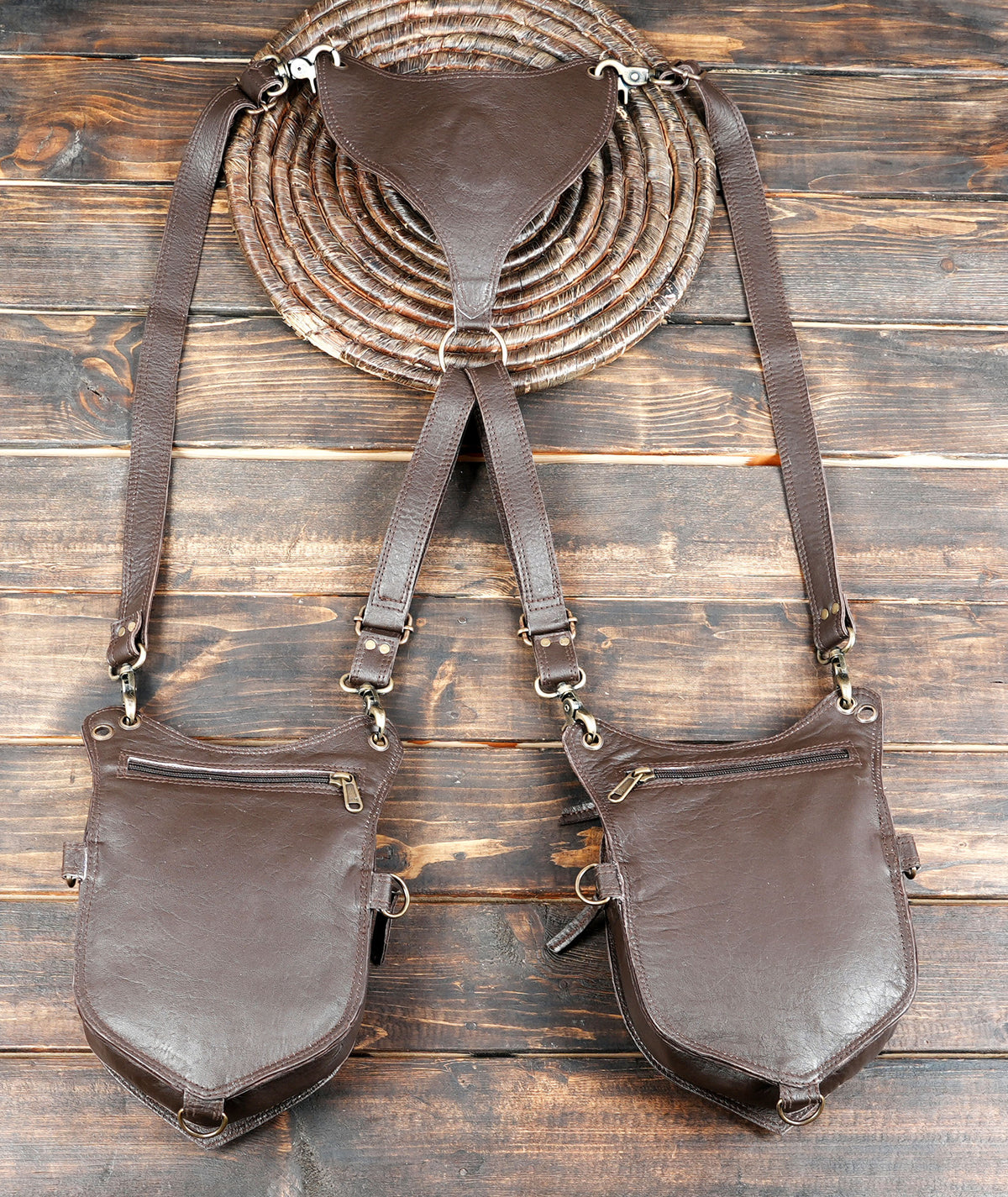 Two pocket leather utility bag harness for Burning Man and outdoor festivals