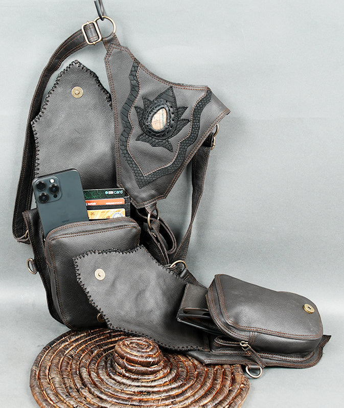 Grey leather double pocket harness for Burning Man festivals rave outfits and alternative fashion.