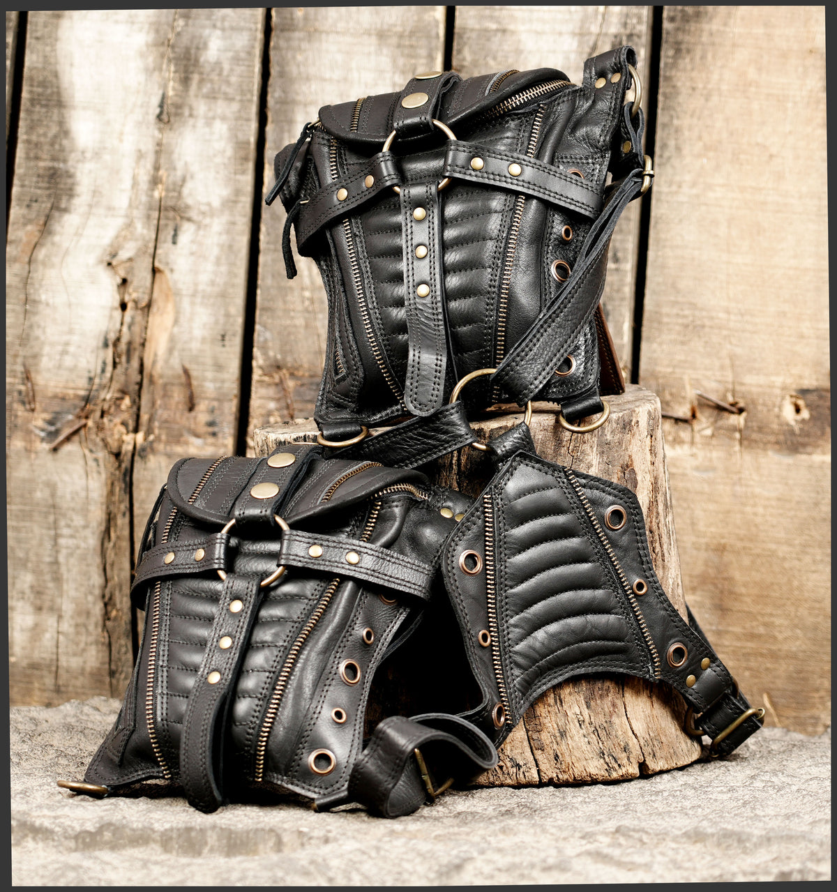 Steampunk festival bag with black leather pouches brass-tone buckles and metal eyelets