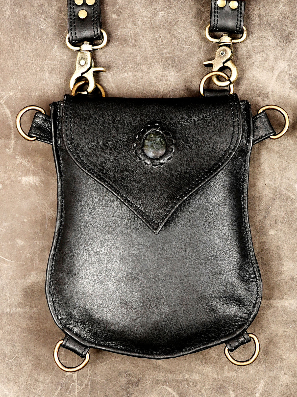 Handmade black leather shoulder harness with matching pouch bags