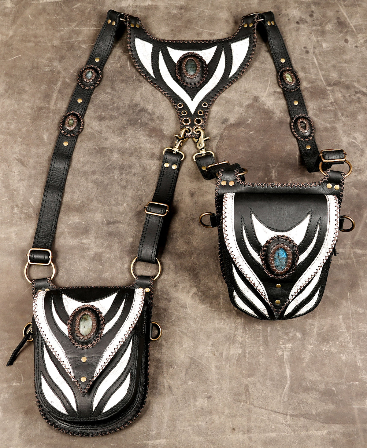 Black utility holster set with contrast white patterns and gemstone focus