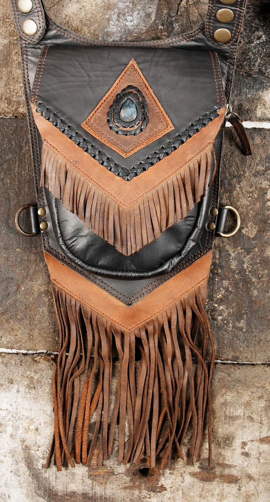 Handcrafted black leather double pouch bag with brown fringe and studded straps