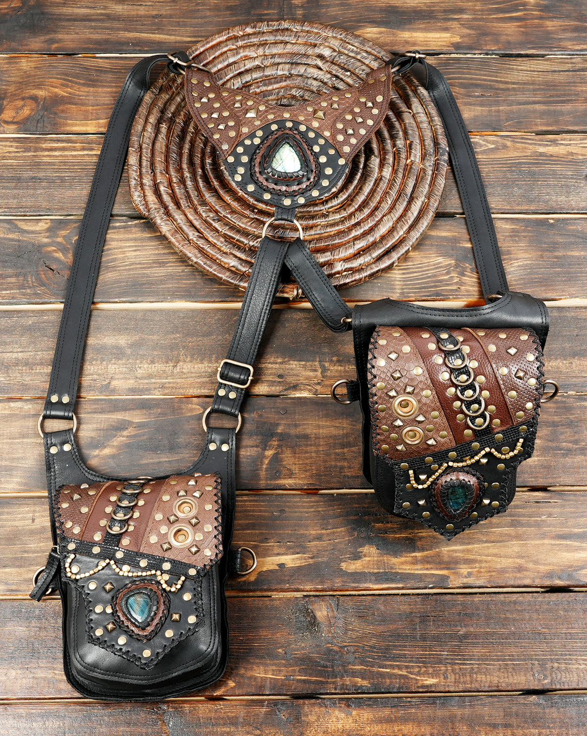 Leather festival harness bag with two matching pouches turquoise stones and decorative metal studs
 