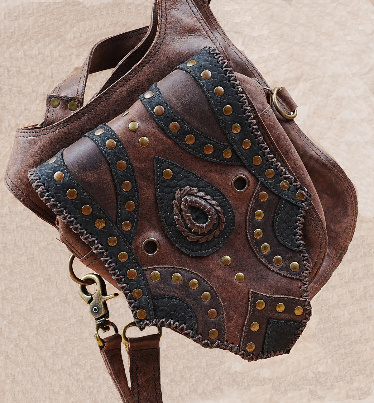 Unisex steampunk hip pouch bag with brown leather straps and brass-tone studs