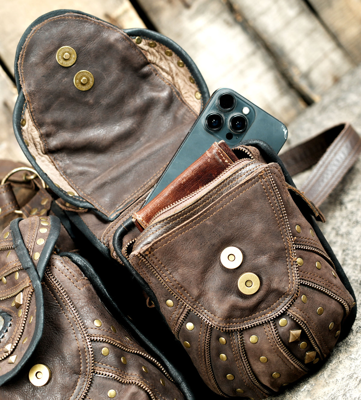 Brown leather chest harness with coordinating pouches for Burning Man and rave outfits