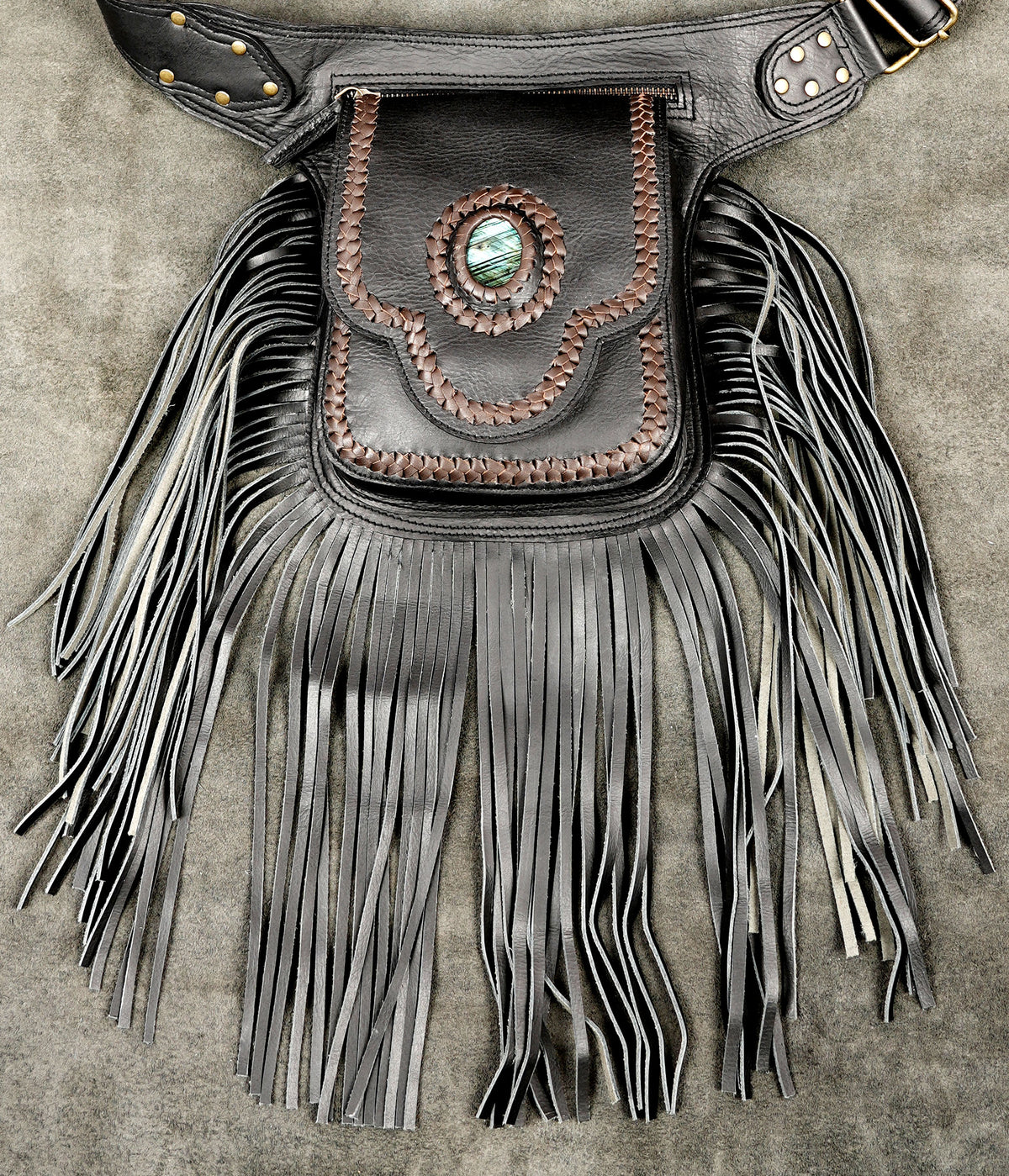 Handmade Black Leather Fringe Belt Bag Boho Festival Hip Pouch Adjustable Waist