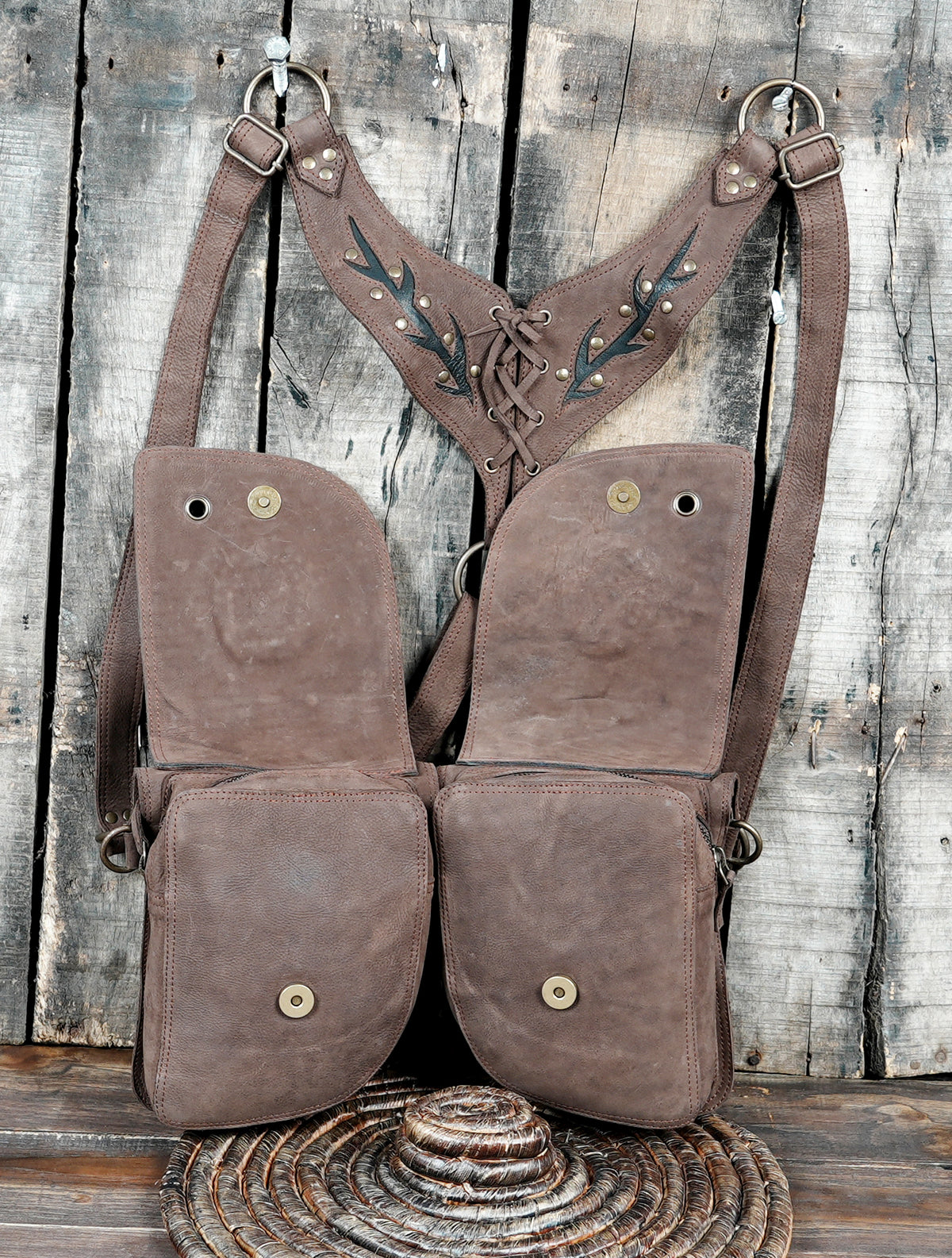 Boho festival leather harness with two utility shoulder pouches