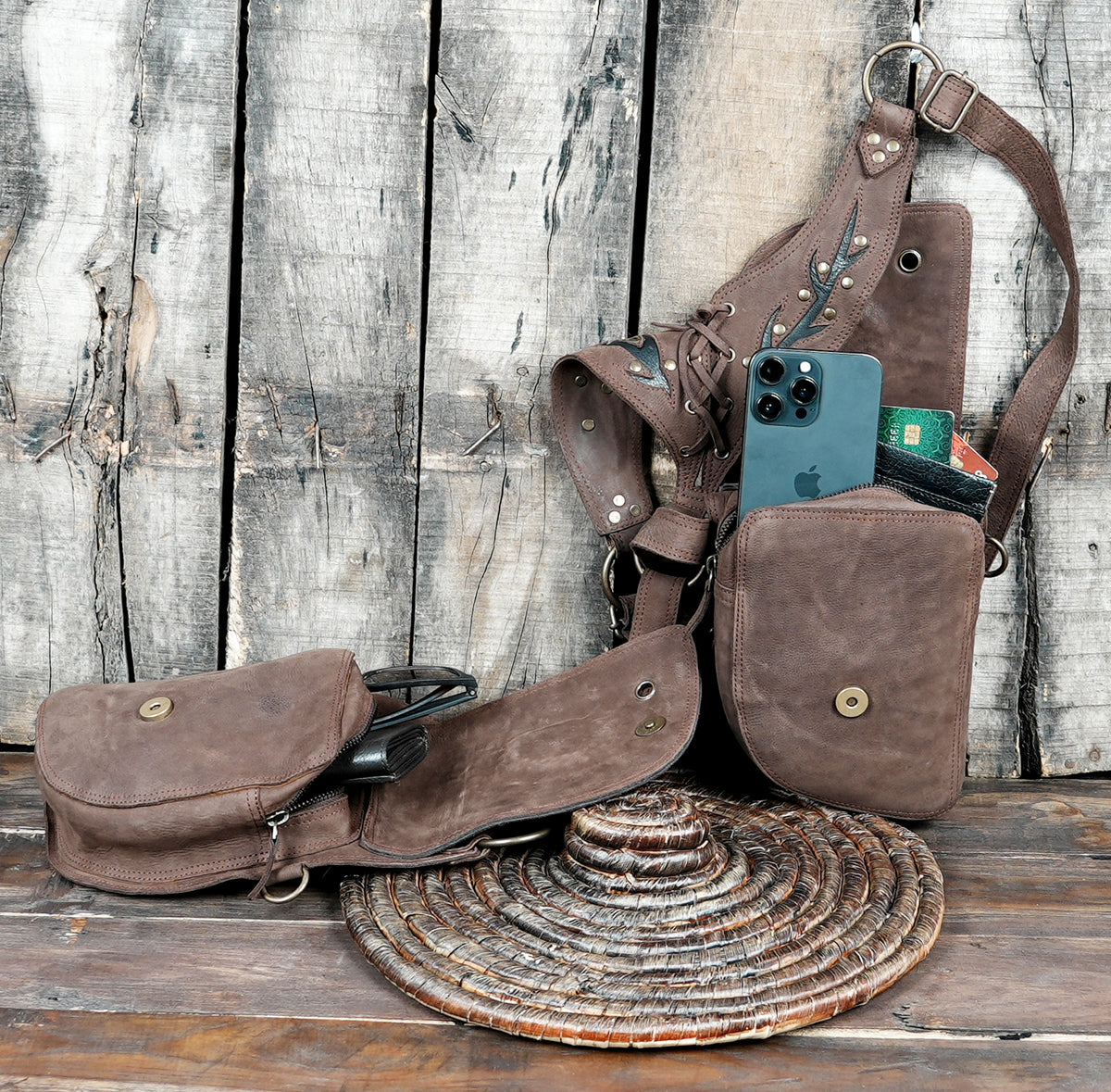 Unisex brown leather double holster bag with adjustable straps