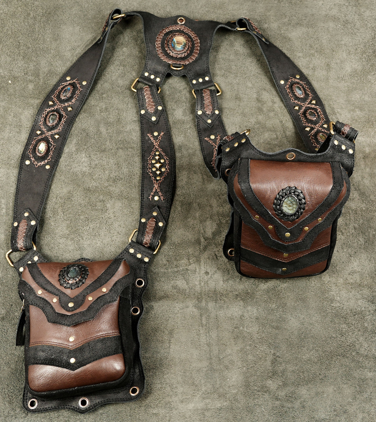 Handmade leather festival harness bag with double pouches gemstone embellishments and studs