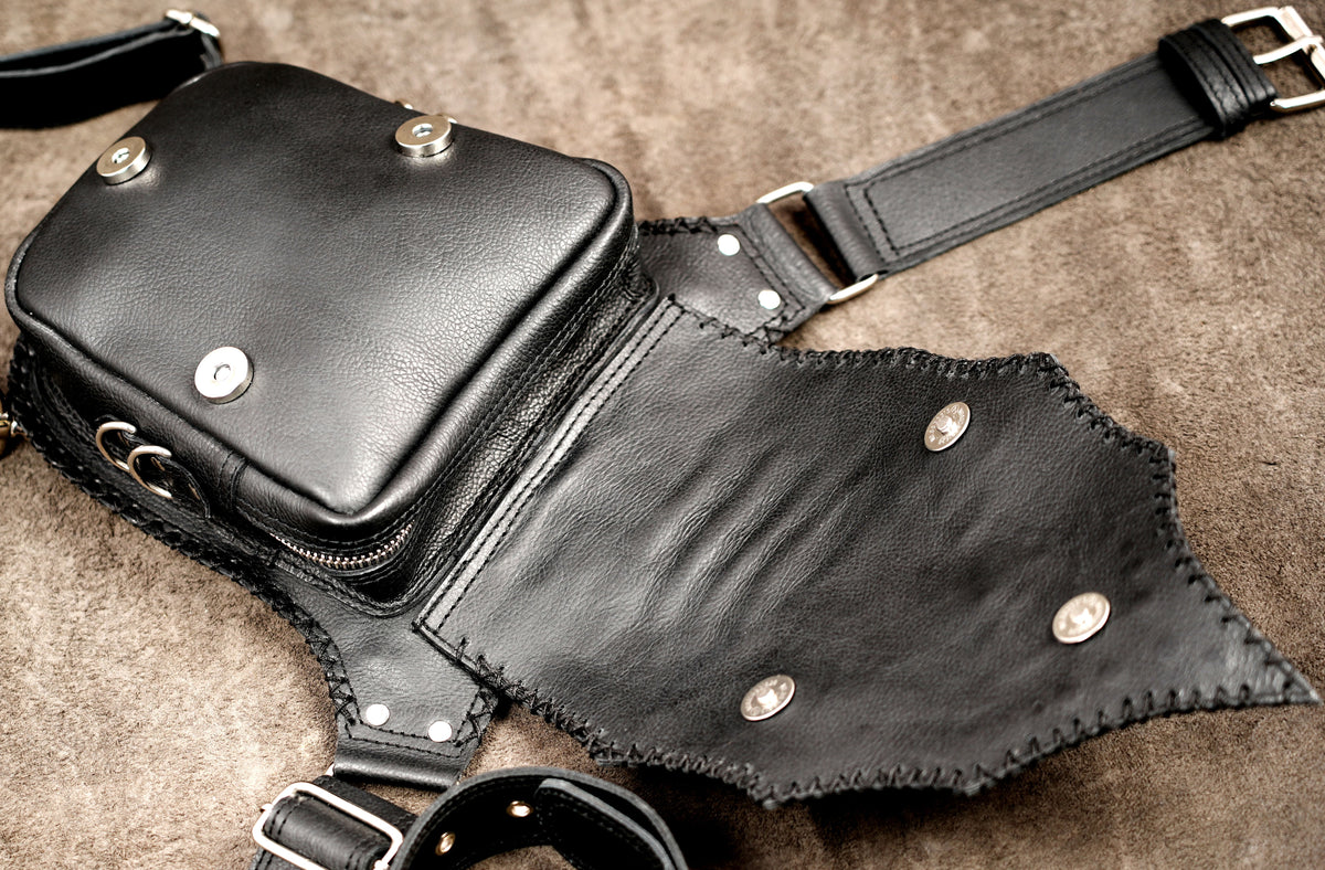 Villain costume leather leg pouch, front angle shot