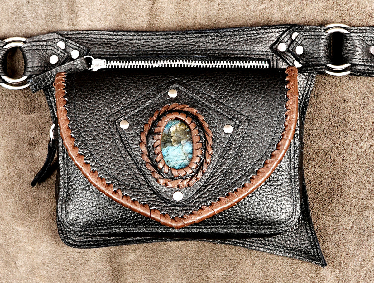 Warrior costume belt with labradorite crystals, top down view