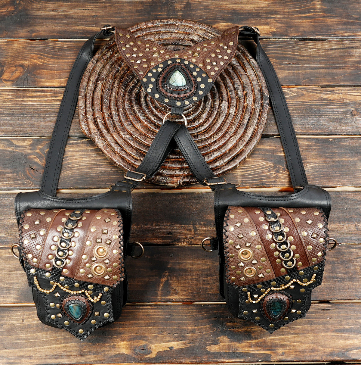 Burning Man leather utility harness with twin pouches gemstone details and studded flaps
