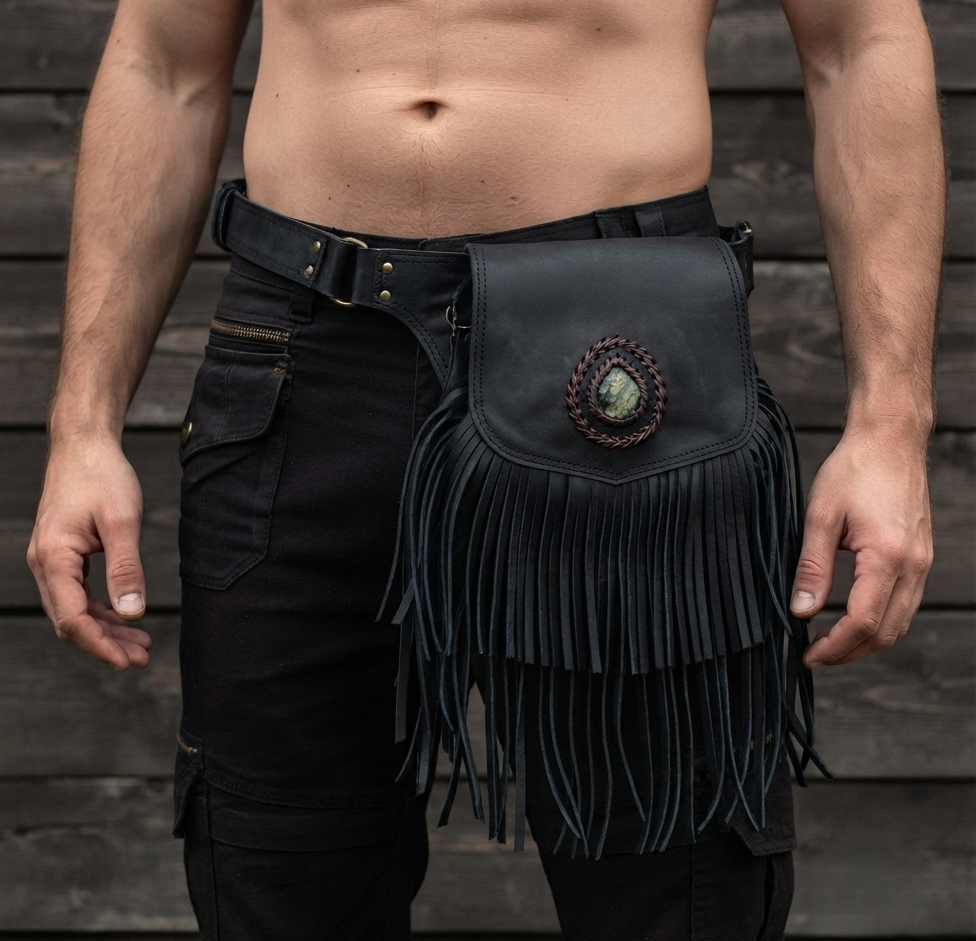 Western-style leather fringe hip bag with adjustable strap