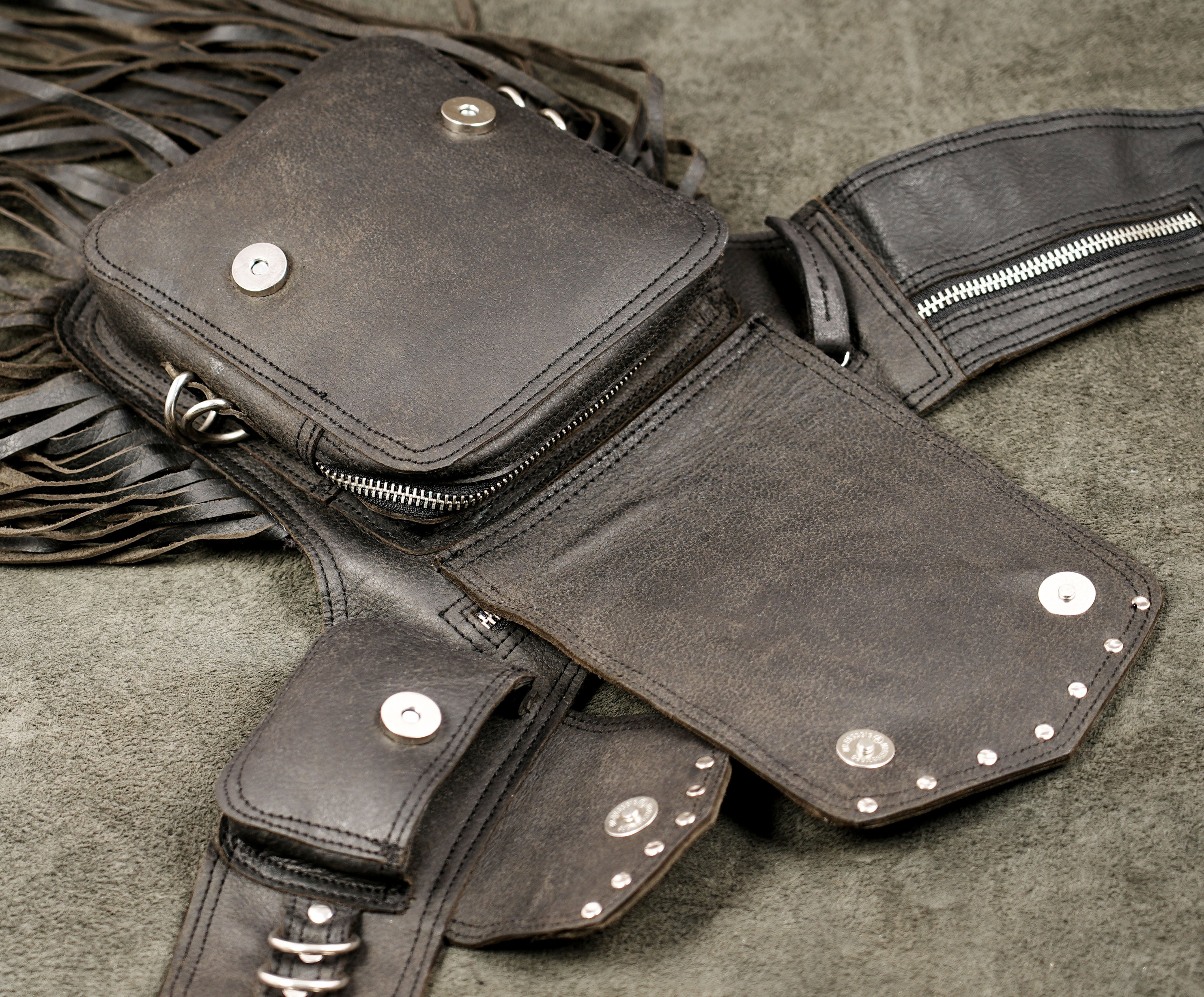 Western fringe leather belt pouch with labradorite stone