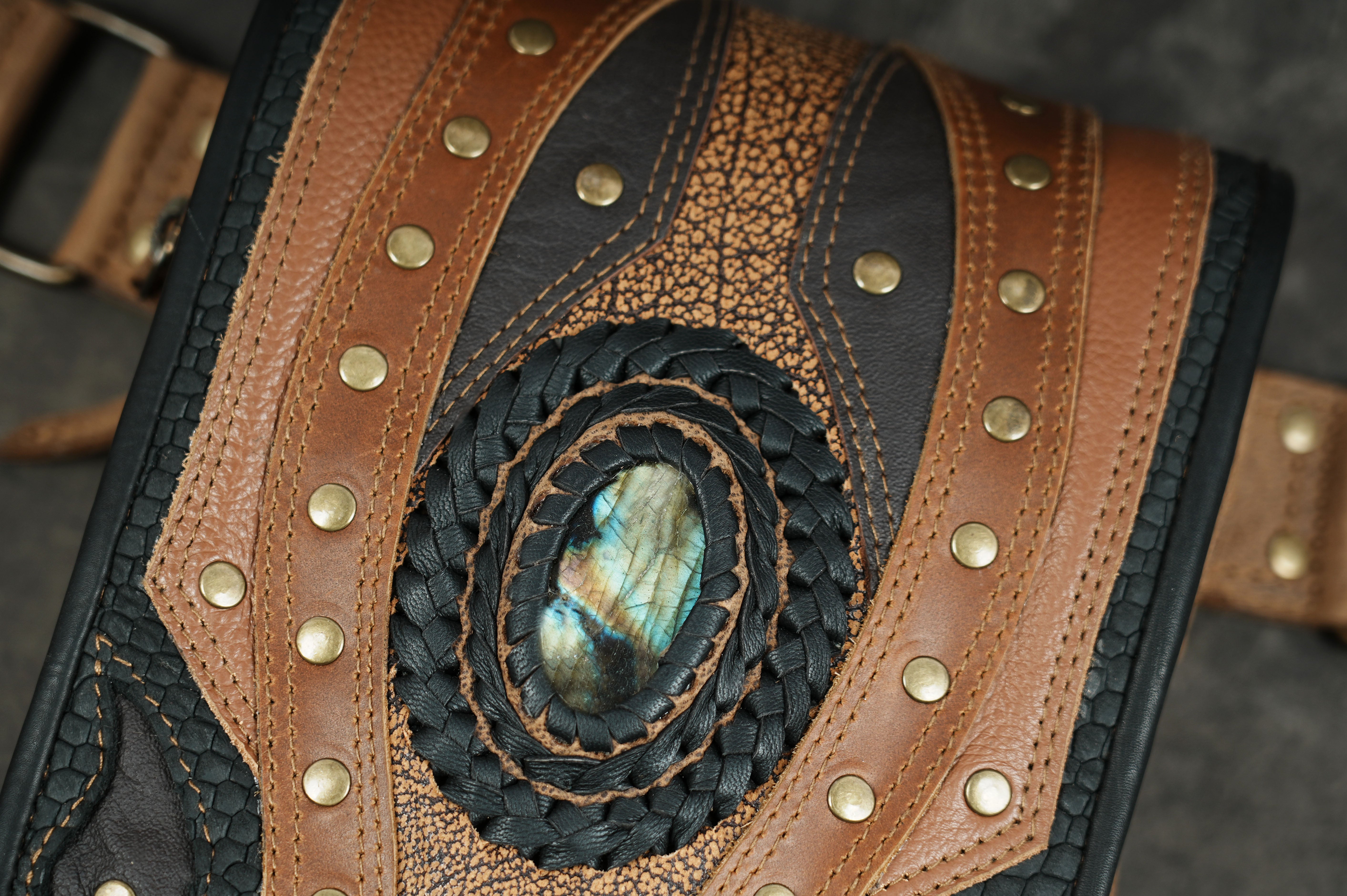 Western leather pouch with gemstone centerpiece and studs