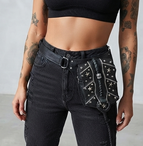 Western leather waist bag with silver hardware, flat lay view