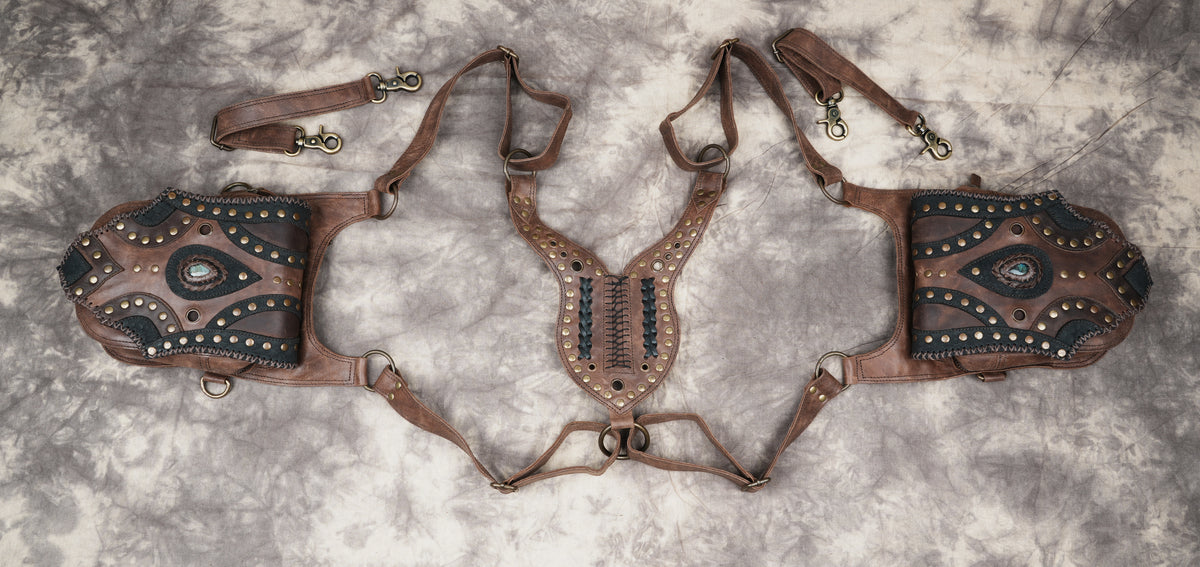 Brown leather double hip pouch harness bag with decorative studs and gemstone accents
