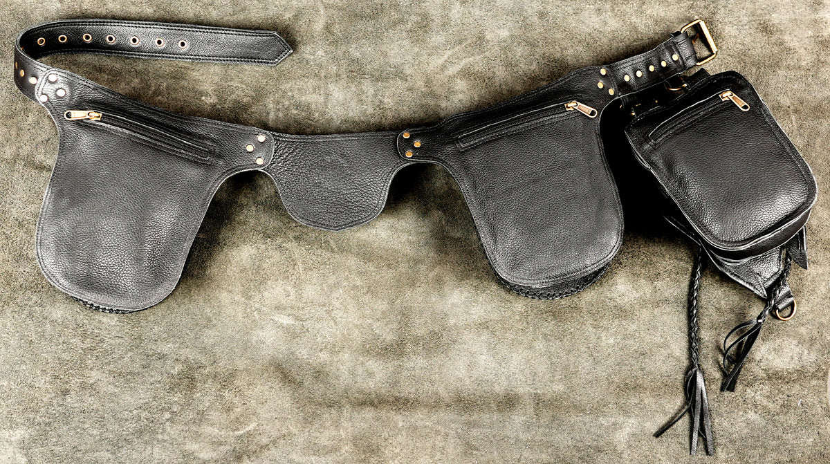 Leather waist belt for Burning Man with decorative pockets and brass hardware