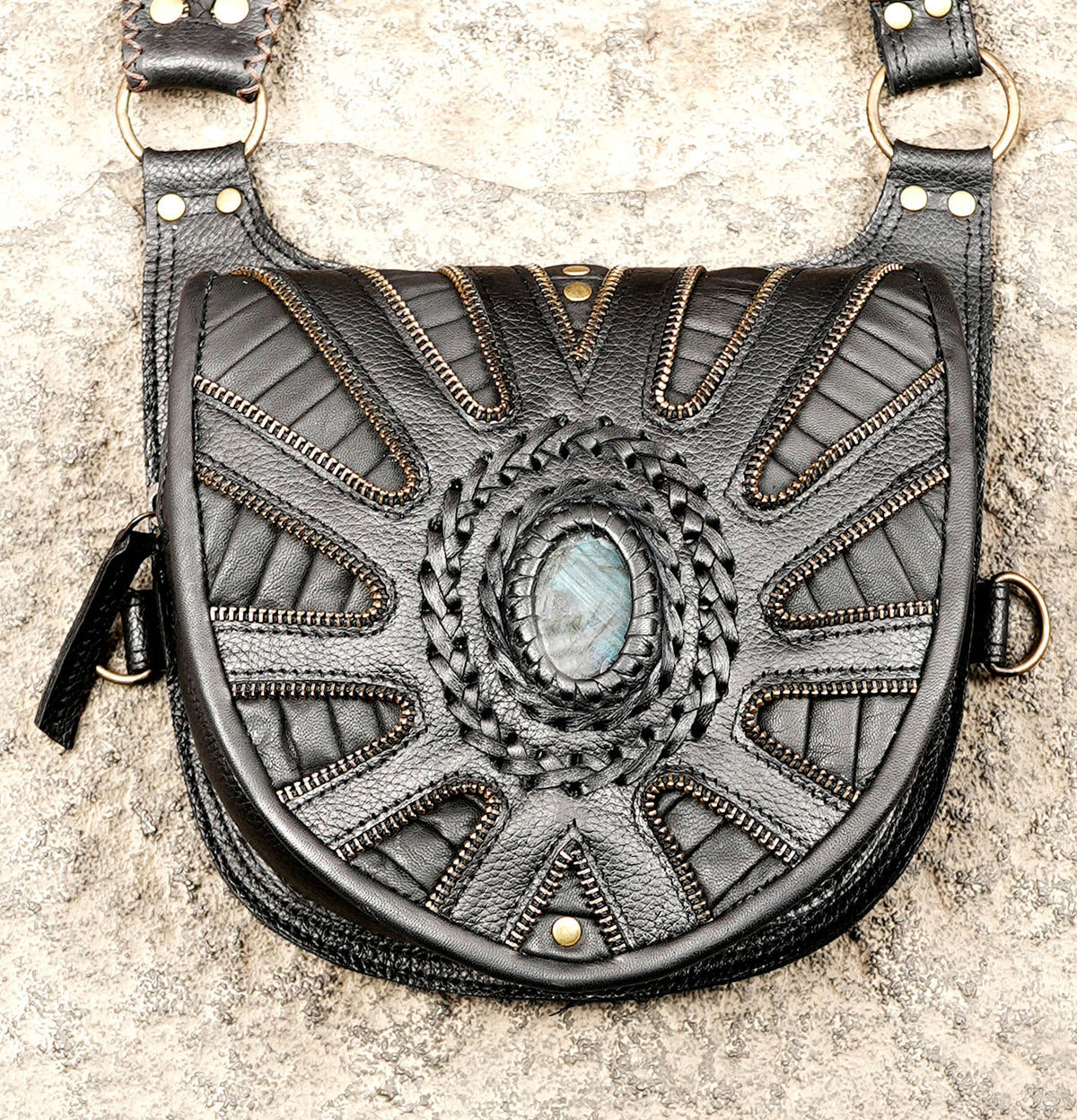 Handmade black leather festival harness bag with two utility pouches
