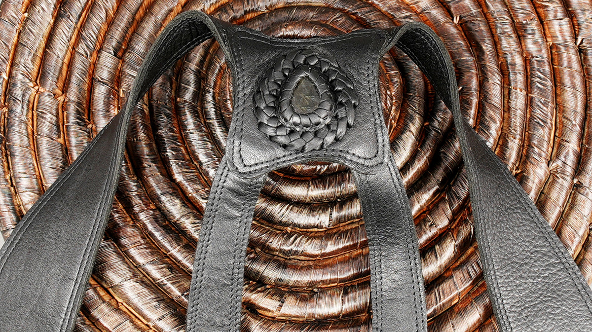 Natural labradorite stone black leather pouches with decorative braided borders