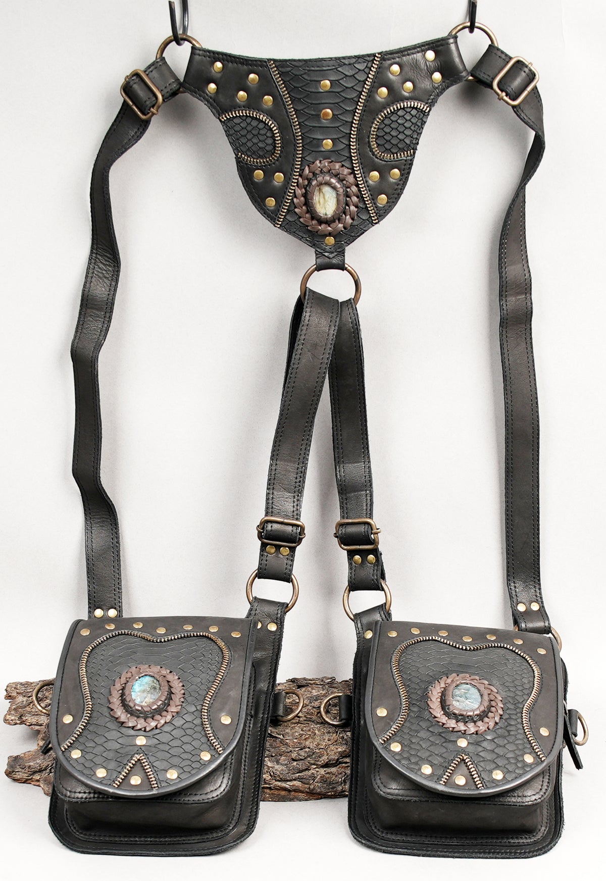 Steampunk leather hip bag set with adjustable straps and antique brass buckles
