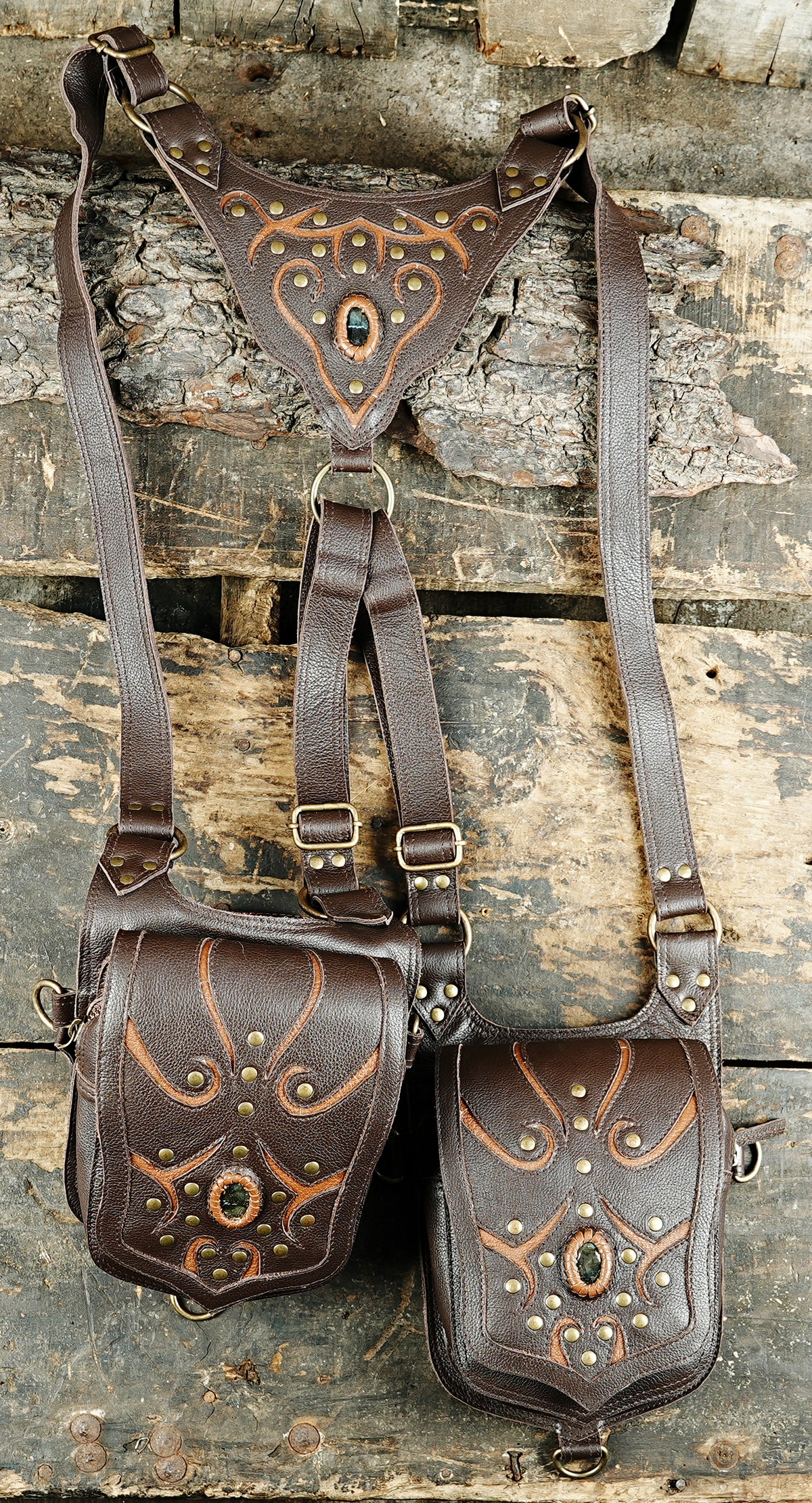 Handmade black leather festival harness with labradorite stones and antique brass hardware