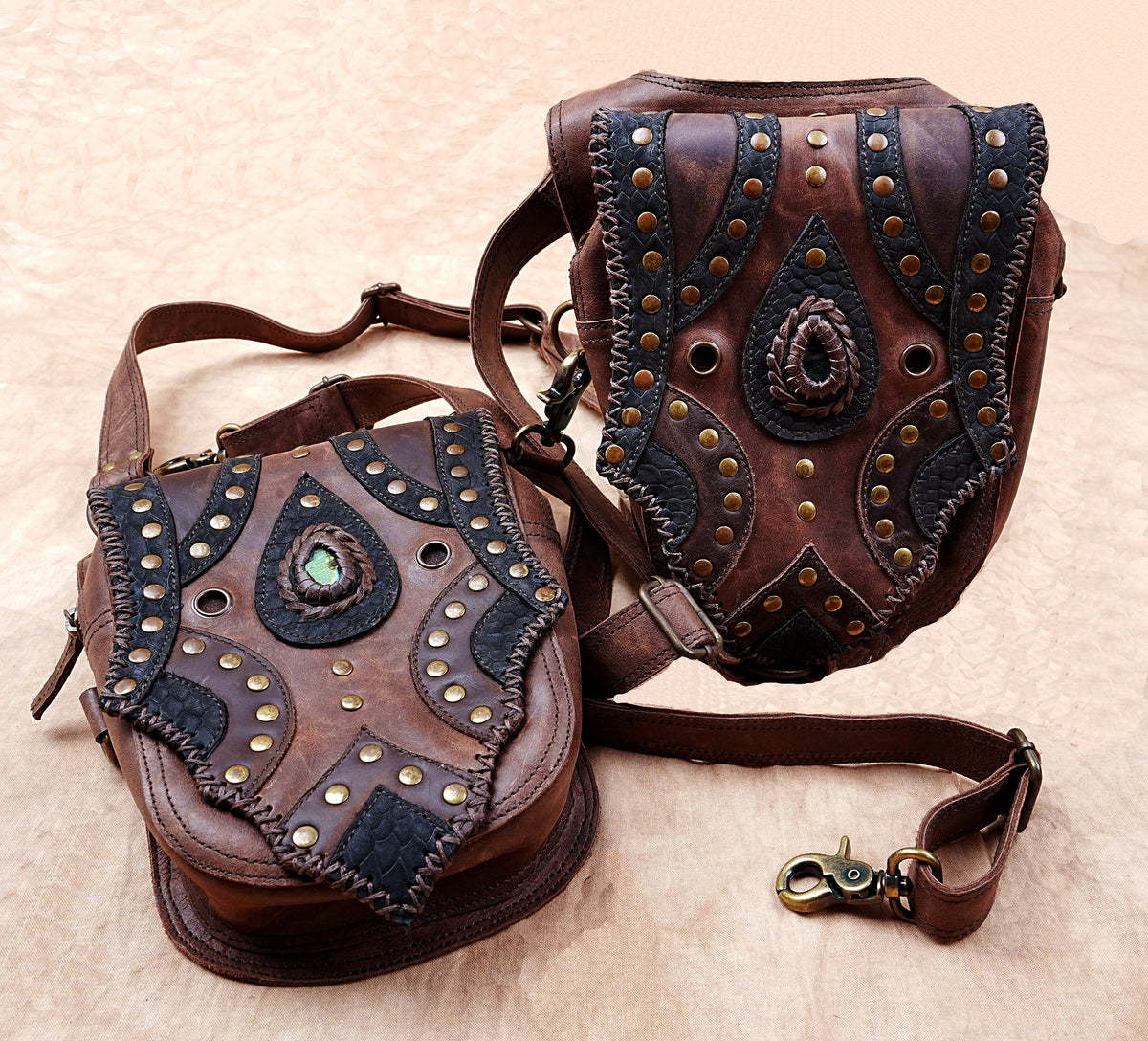 Boho leather double pouch belt bag for music festivals and outdoor events