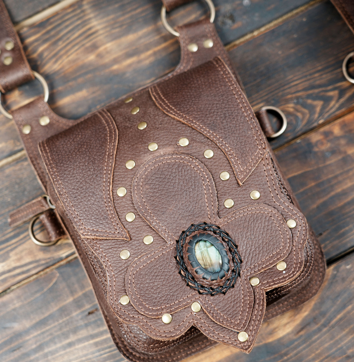 Leather double shoulder bag with natural labradorite gemstone details