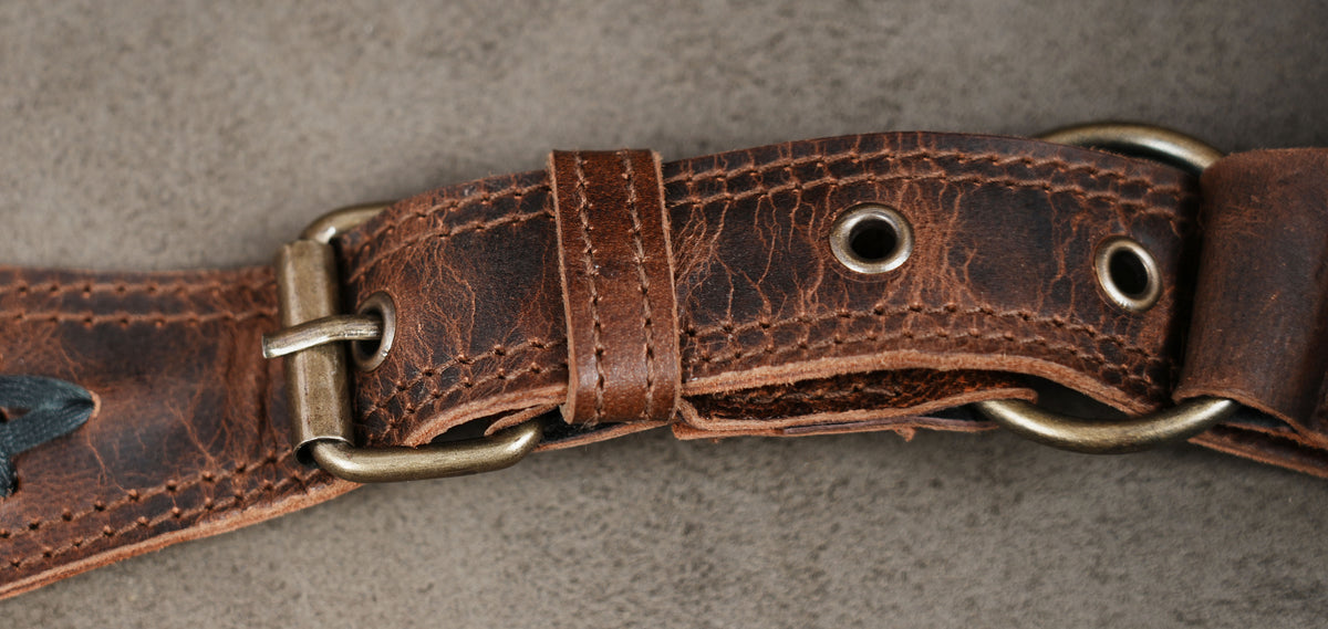Leather festival harness with symmetrical pouches and adjustable shoulder straps