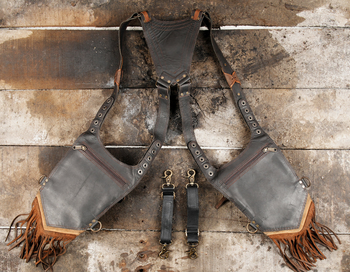 Bohemian festival harness bag featuring two leather pouches and gemstone details