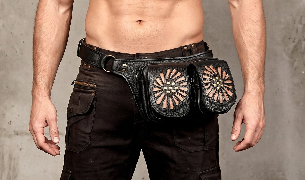 handcrafted leather waist bag, western leather fanny pack, artisan utility belt, dual pouch belt bag