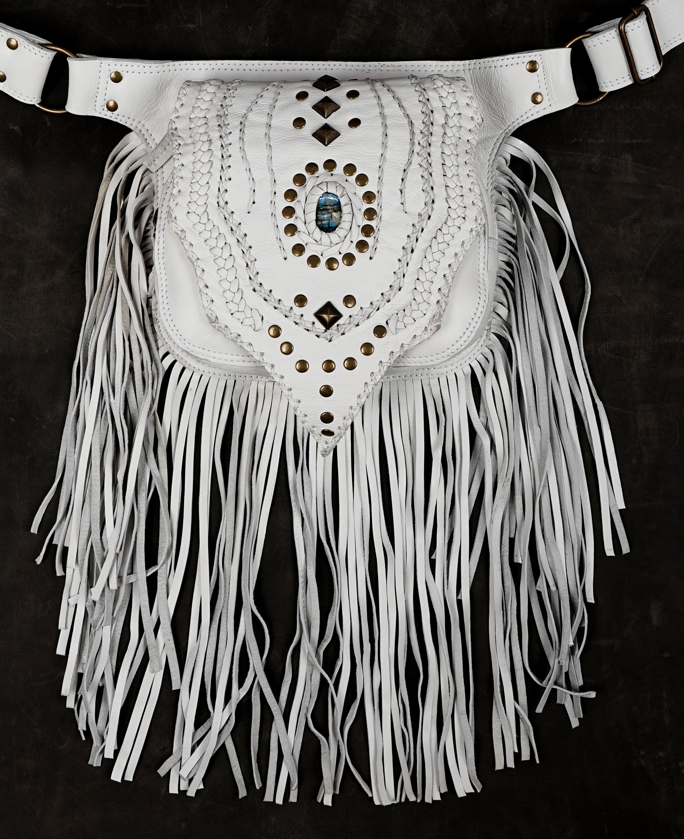 White boho festival belt bag with long leather fringe