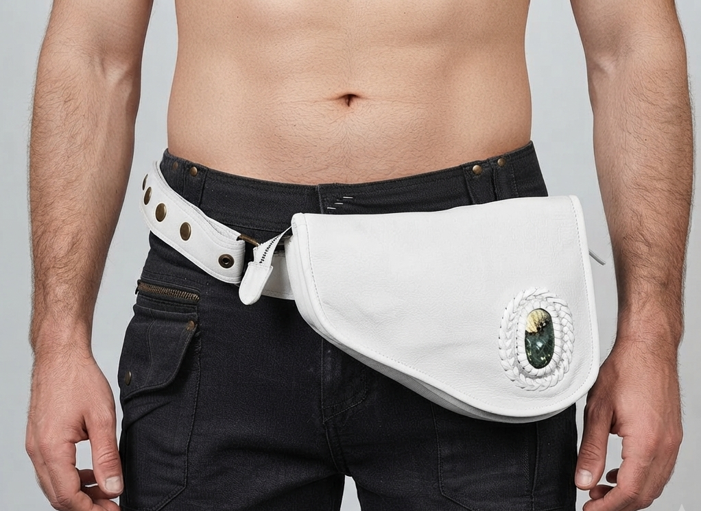 White leather festival bag with labradorite gem and zip pocket