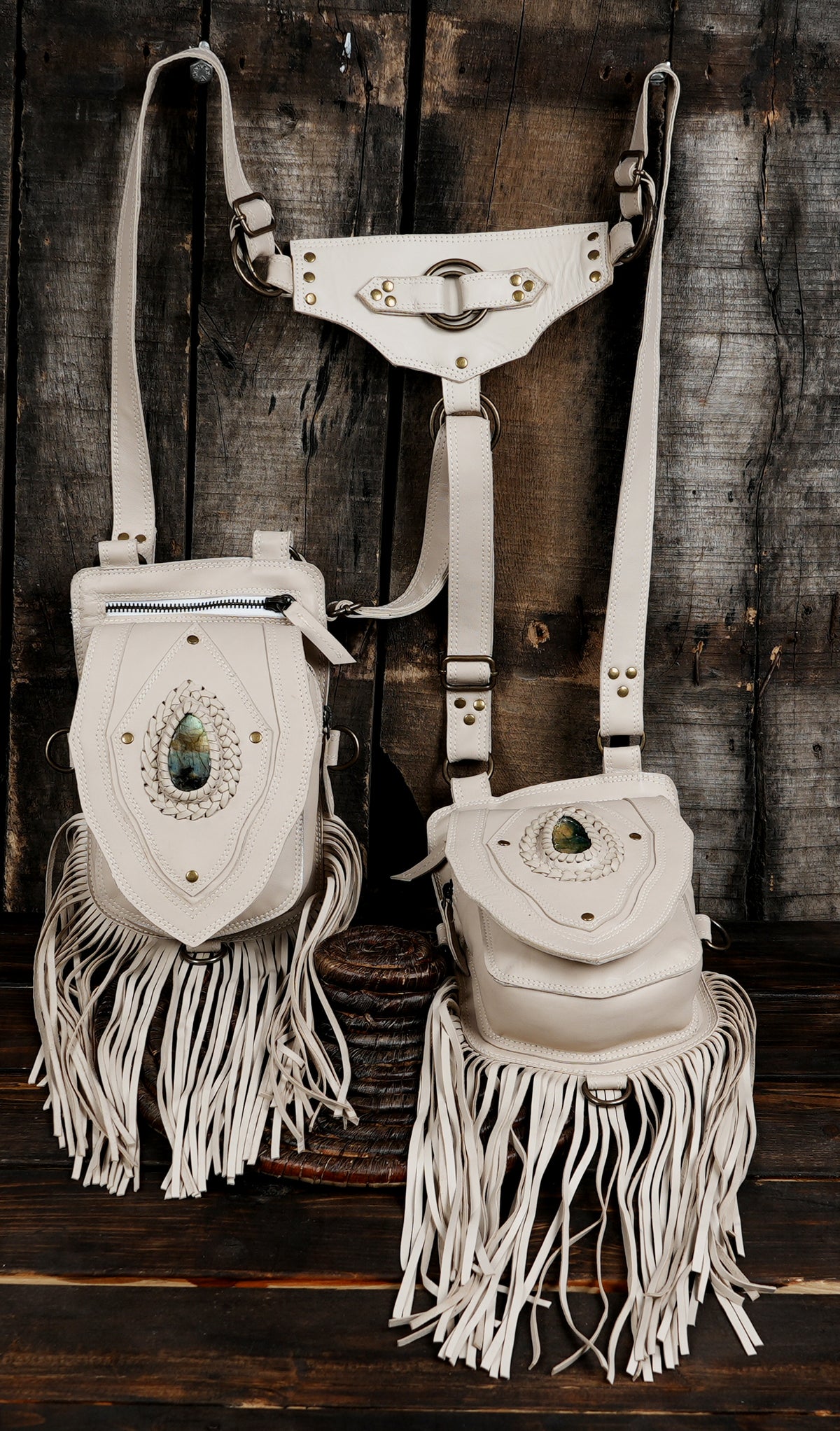 Handmade white leather dual utility pouch shoulder harness
